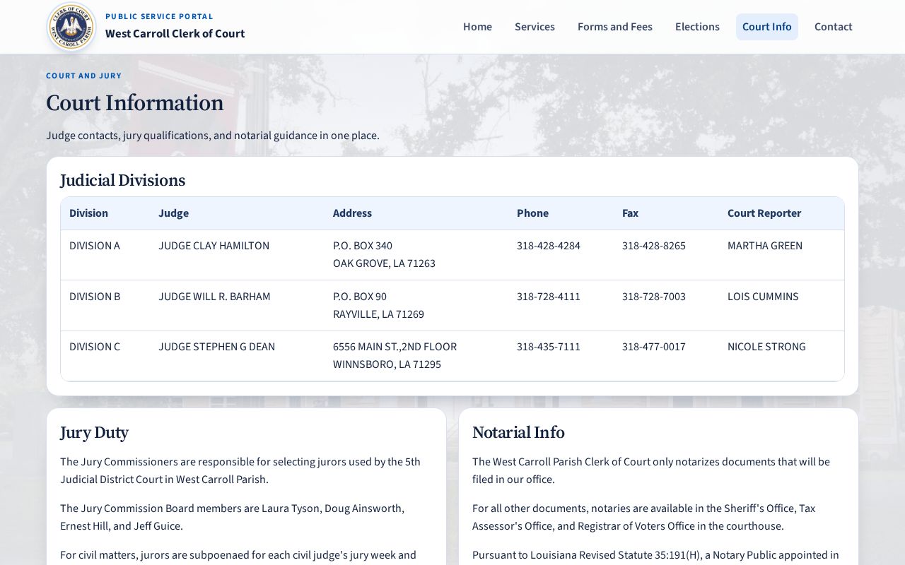 West Carroll Clerk of Court information page