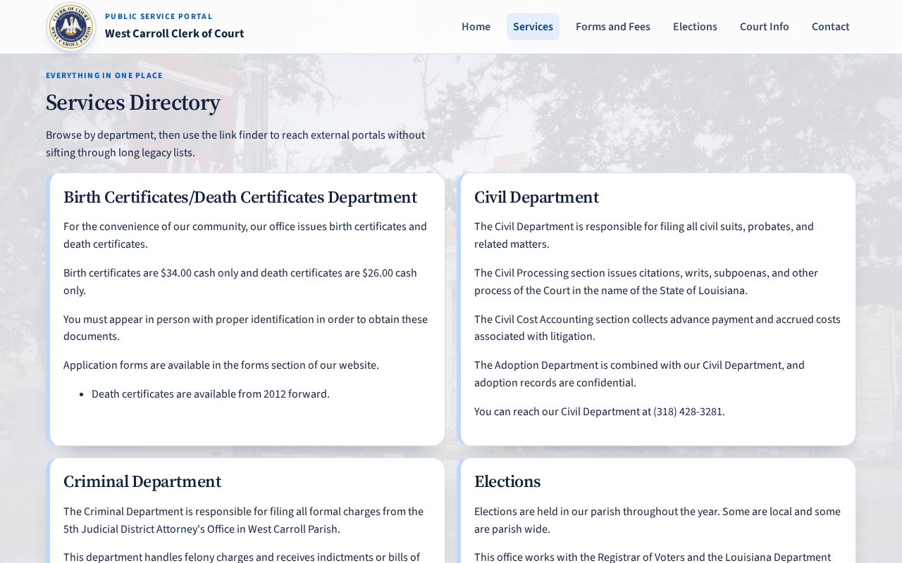 West Carroll Clerk of Court criminal records services page