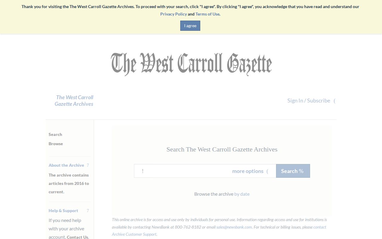 West Carroll Gazette archive search interface