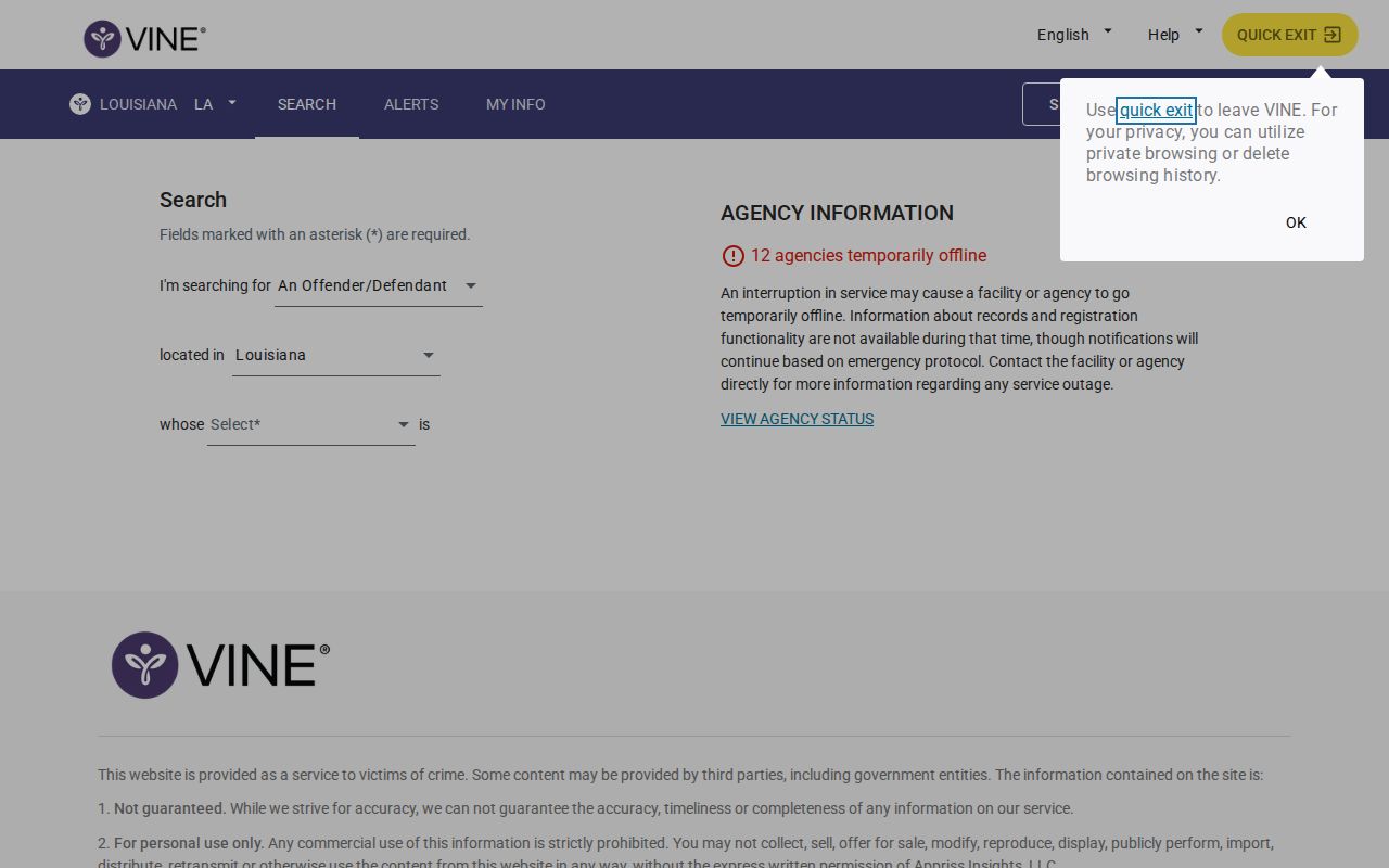 Louisiana VINELink adult custody search used for West Carroll Parish