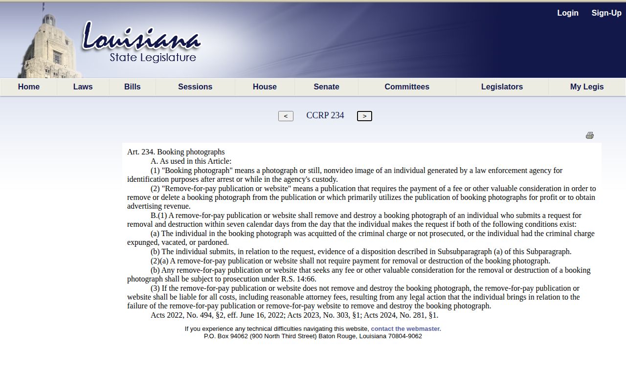 Louisiana booking-photo definition and removal law