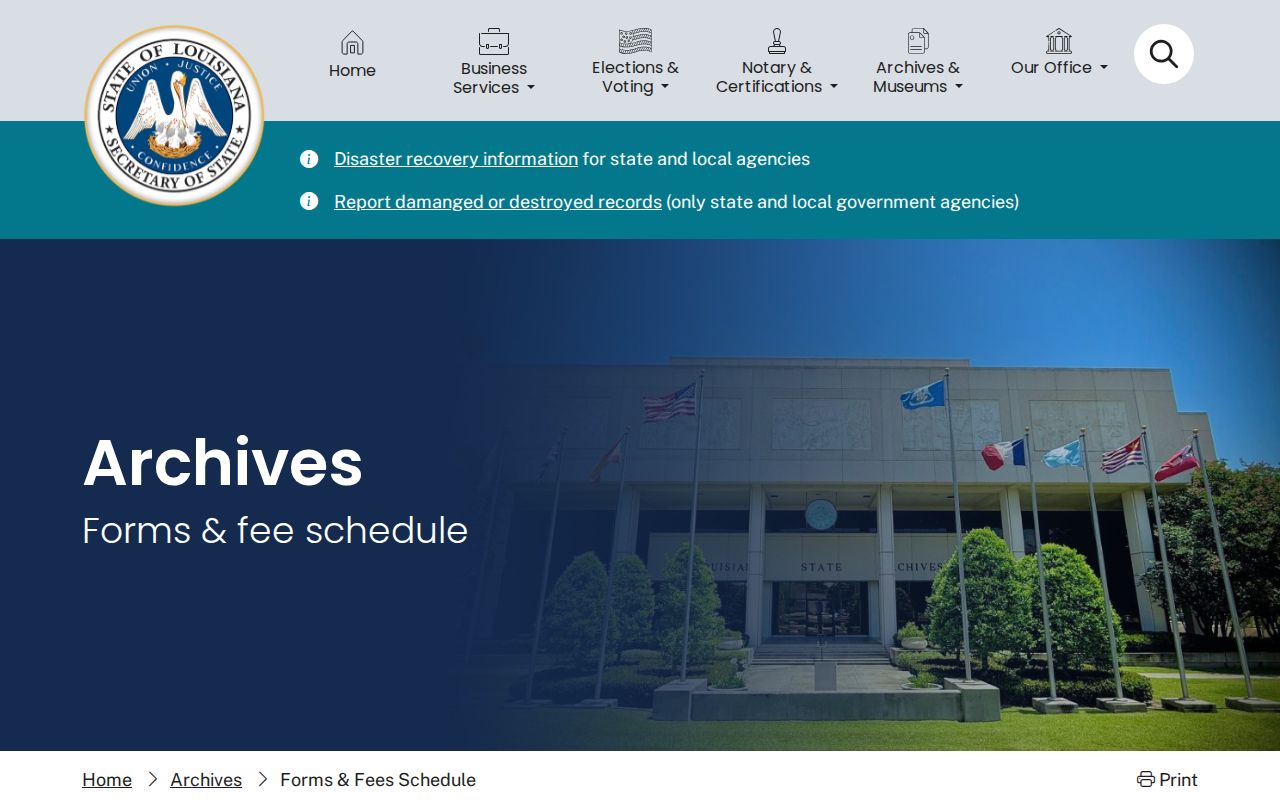Louisiana State Archives forms and fee page