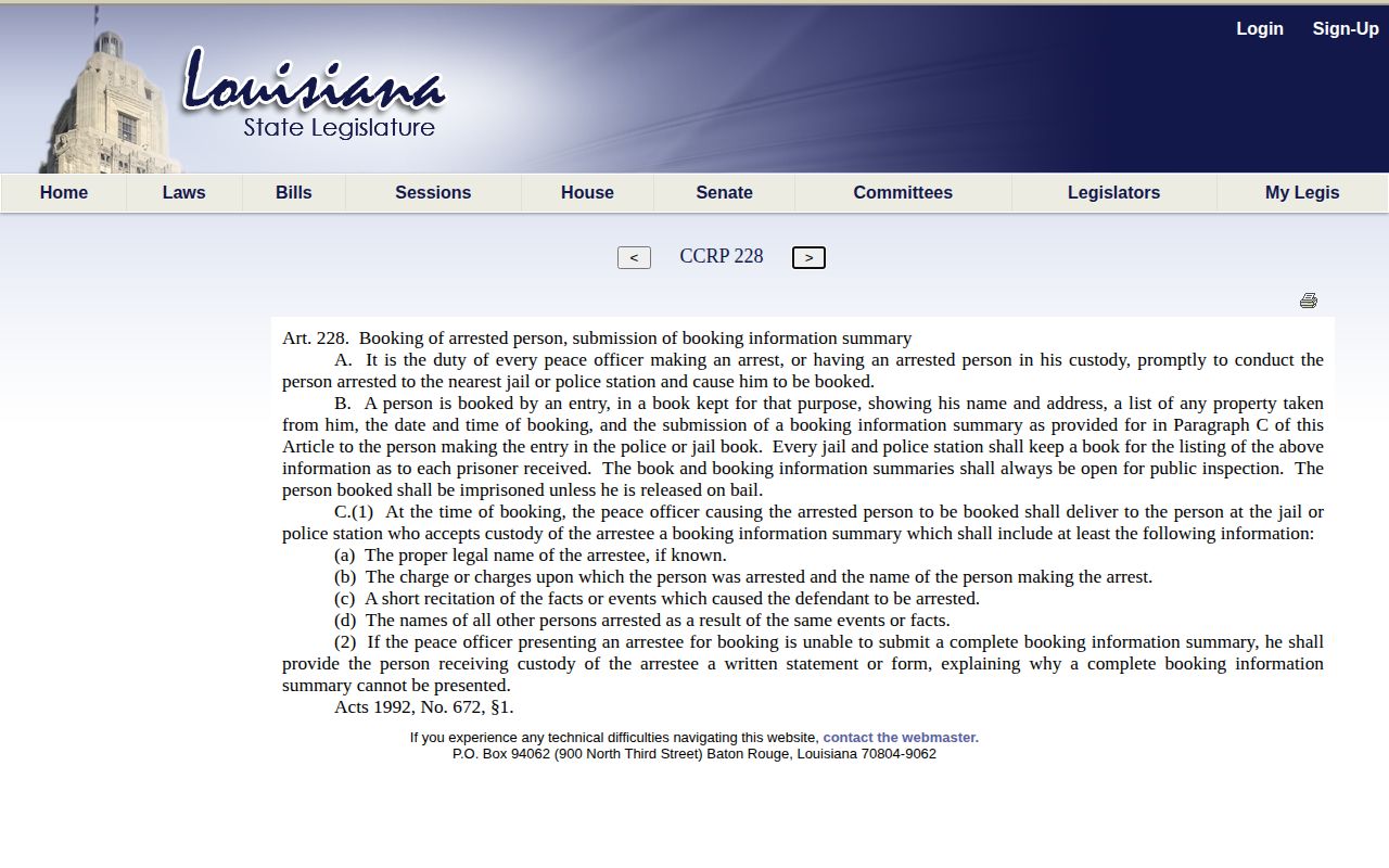 Louisiana Article 228 public booking-record law